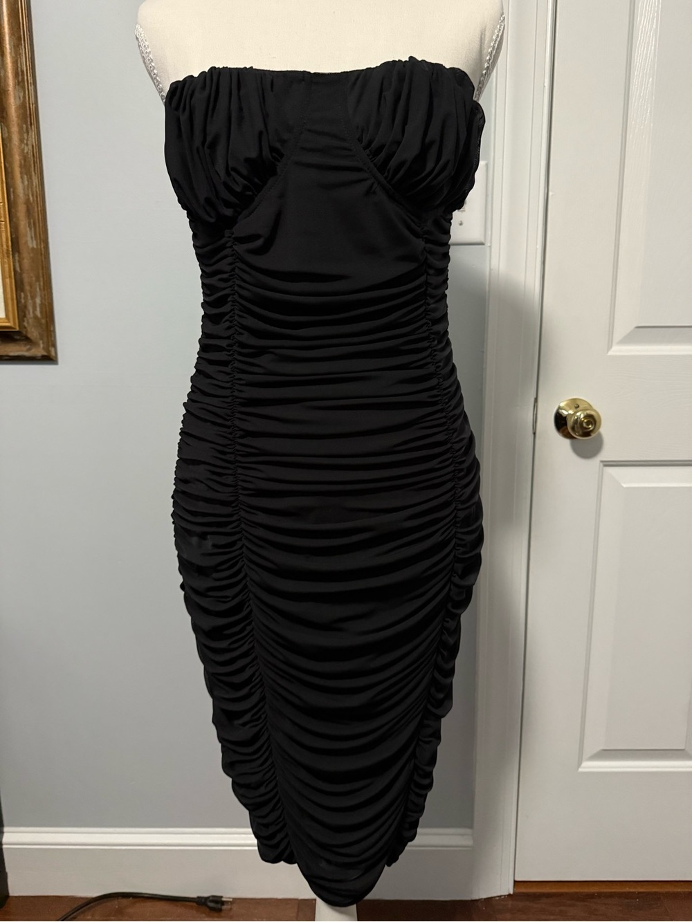Express Strapless Ruched Black Midi Dress